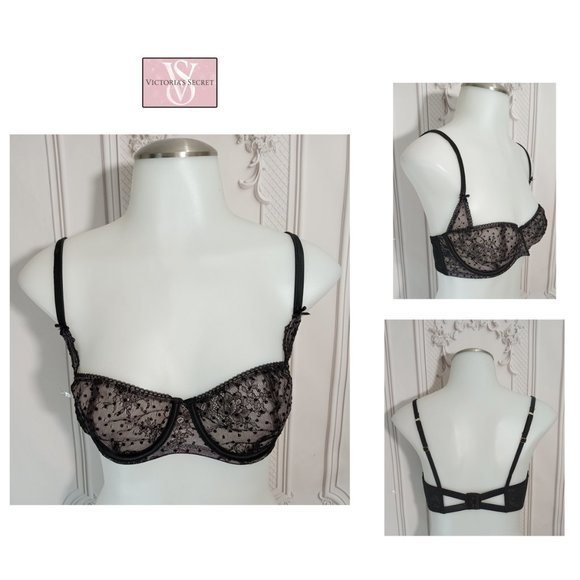 Victoria's Secret Dream Angels Black Dot Mesh Merry Widow Balconette Bra 32DD - Picture 2 of 7